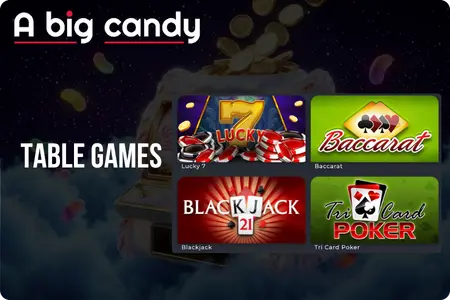 A Big Candy table games: Lucky 7, Baccarat, Blackjack, Tri Card Poker